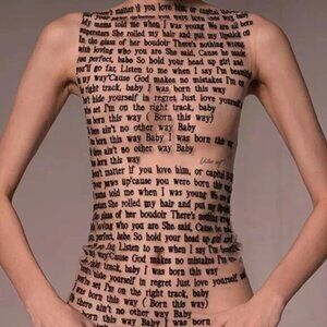 Nude/Light Beige Lady Gaga Born This Way Lyrics Letter Print Sleeveless Mesh Top